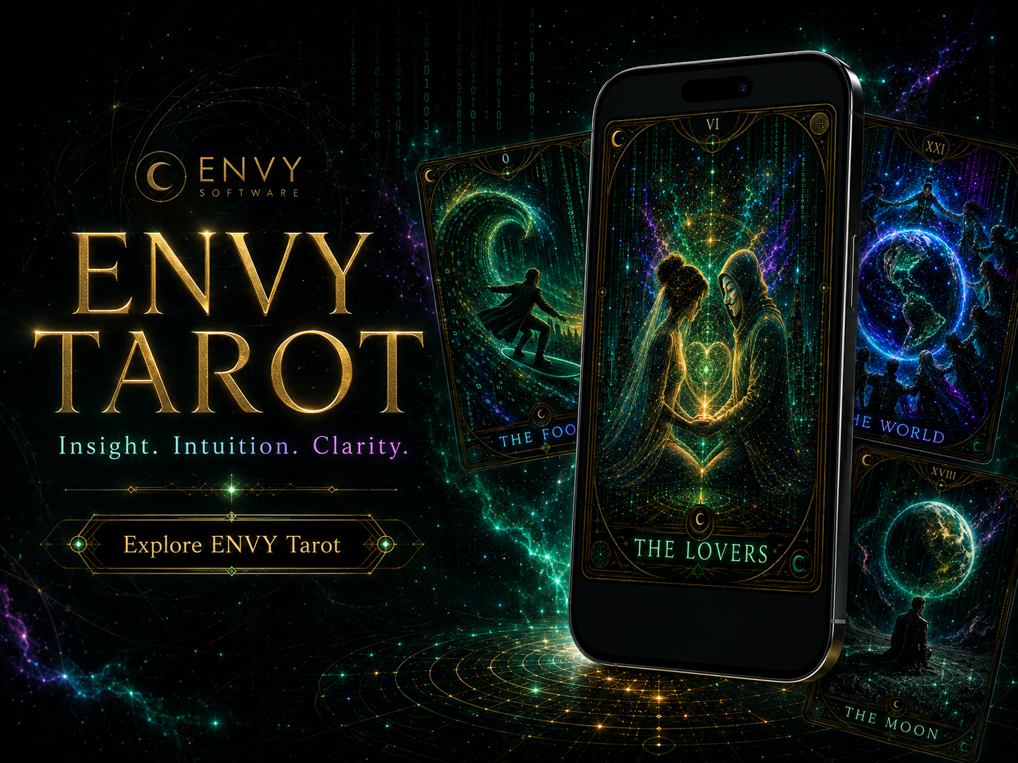 ENVY Tarot featuring The Lovers, The Fool, The World, and The Moon